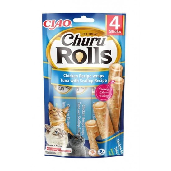 Inaba Ciao Churu Rolls Sticks Deniz Taraklı, Tavuk Sargılı ve Ton Balıklı Kedi Ödül Maması 4 x 10 Gr Inaba Ciao Churu Rolls Sticks Deniz Taraklı, Tavuk Sargılı ve Ton Balıklı Kedi Ödül Maması 4 x 10 Gr