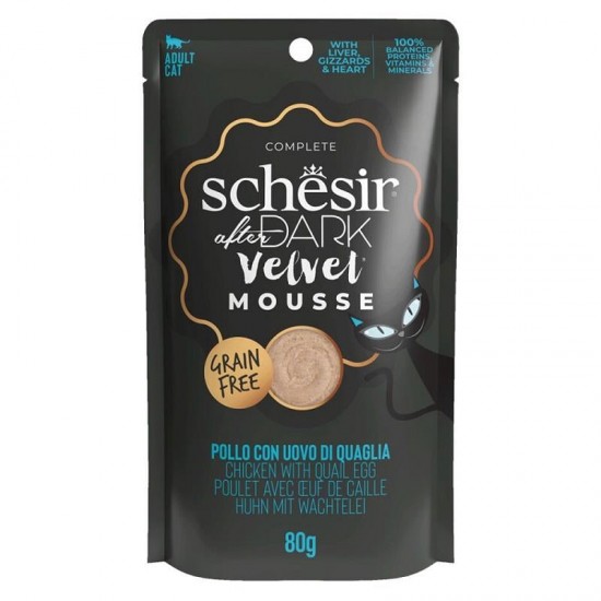 Schesir After Dark Velvet Mousse Tavuklu ve Bıldırcın Yumurtalı Yetişkin Kedi Pouch Yaş Maması 80 gr Schesir After Dark Velvet Mousse Tavuklu ve Bıldırcın Yumurtalı Yetişkin Kedi Pouch Yaş Maması 80 gr